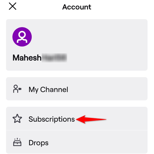 Выберите «Подписки» в меню аккаунта Twitch.