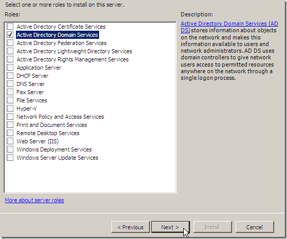 Active Directory Domain Servicesの役割選択画面