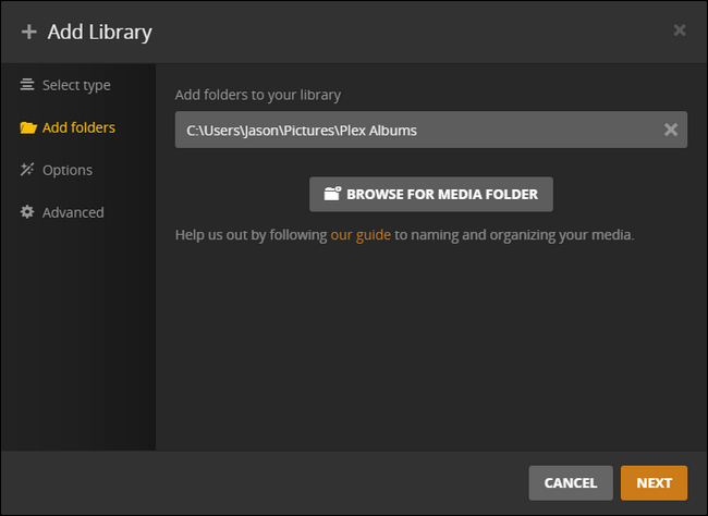Выбор папок для библиотеки фотографий в Plex