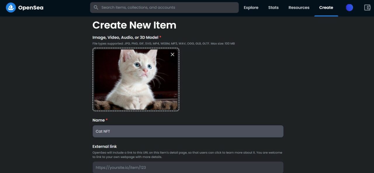 Форма добавления данных и файла при создании NFT