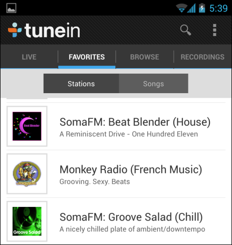 Приложение TuneIn Radio на Android