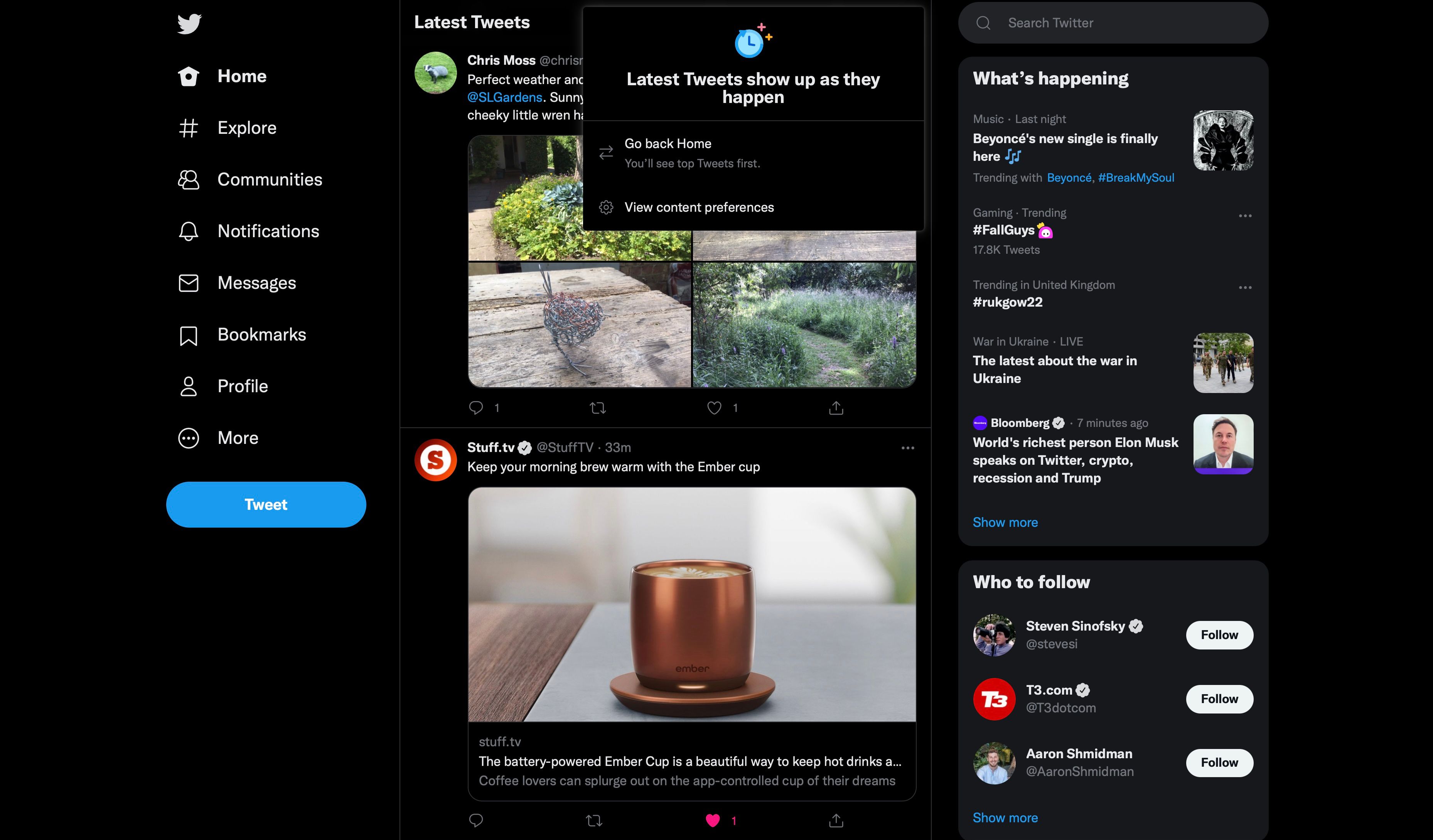 Скриншот опции «Последние твиты» на веб-странице Twitter