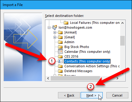 Выбор папки Контакты в Outlook