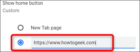 Поле для ввода URL домашней страницы в настройках Chrome