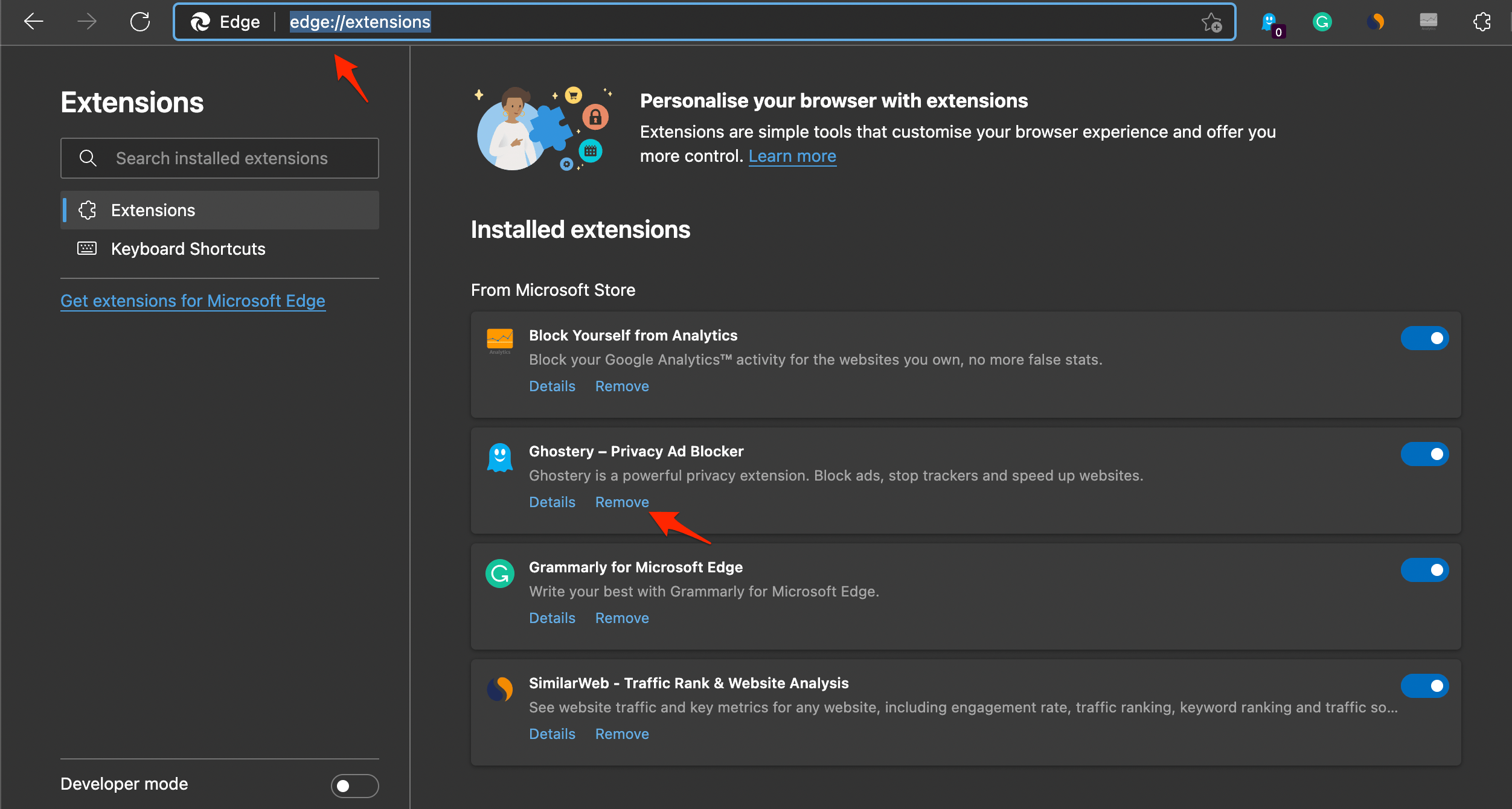 Удаление расширений Edge