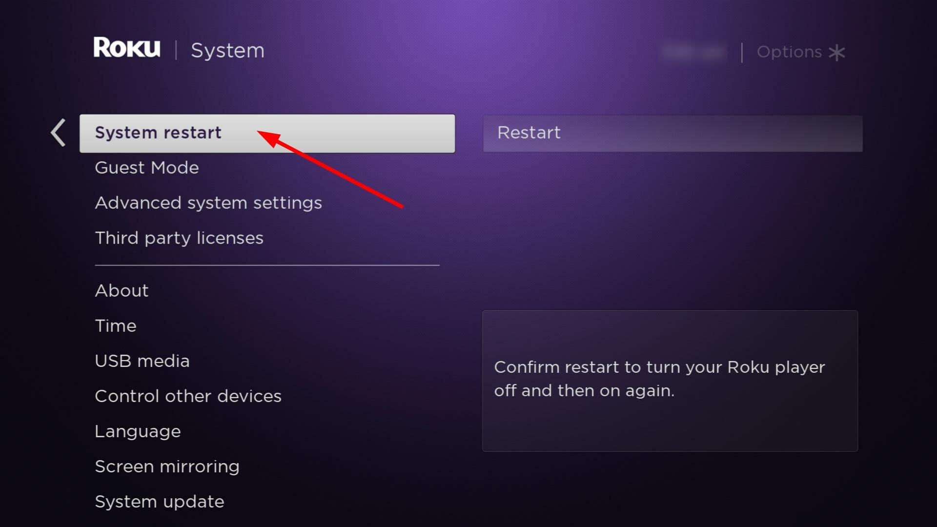 Опция System Restart на Roku