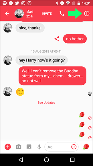 Окно чата в приложении Messenger на Android с иконкой 'i'