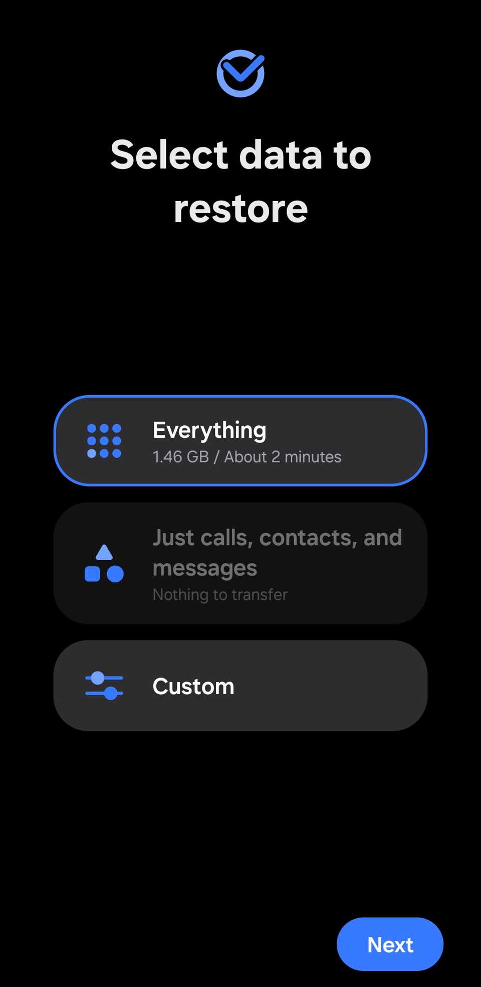 Выбор данных для восстановления на телефоне Samsung
