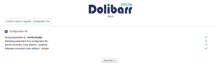 Выбор настроек базы данных в веб‑установщике Dolibarr