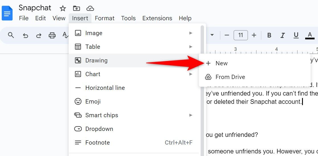 Выделена опция «Новый» для рисунка в Google Docs.