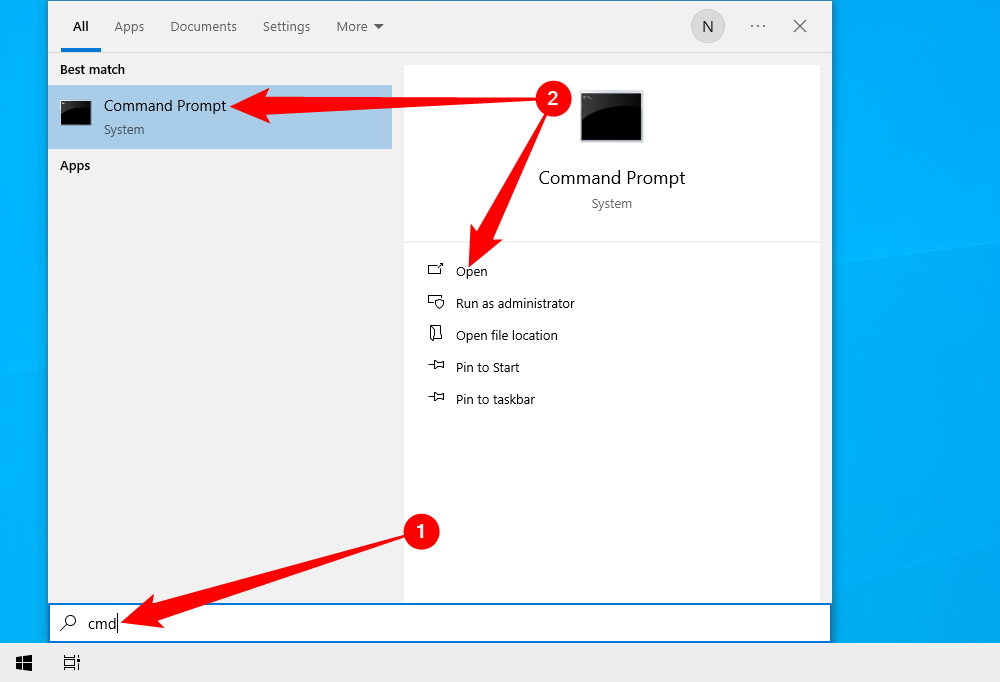 Найдите cmd в поиске меню «Пуск» и запустите Командную строку. 