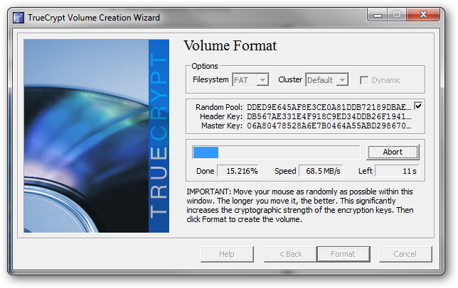 Процесс создания тома TrueCrypt