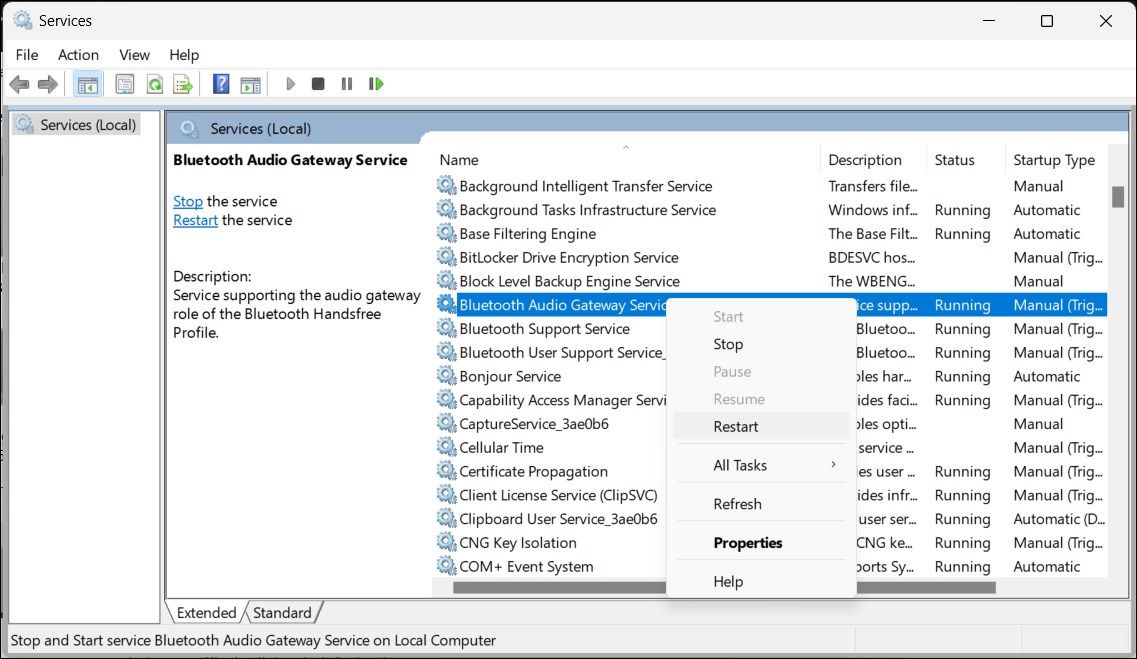 restart bluetooth services services snap in windows