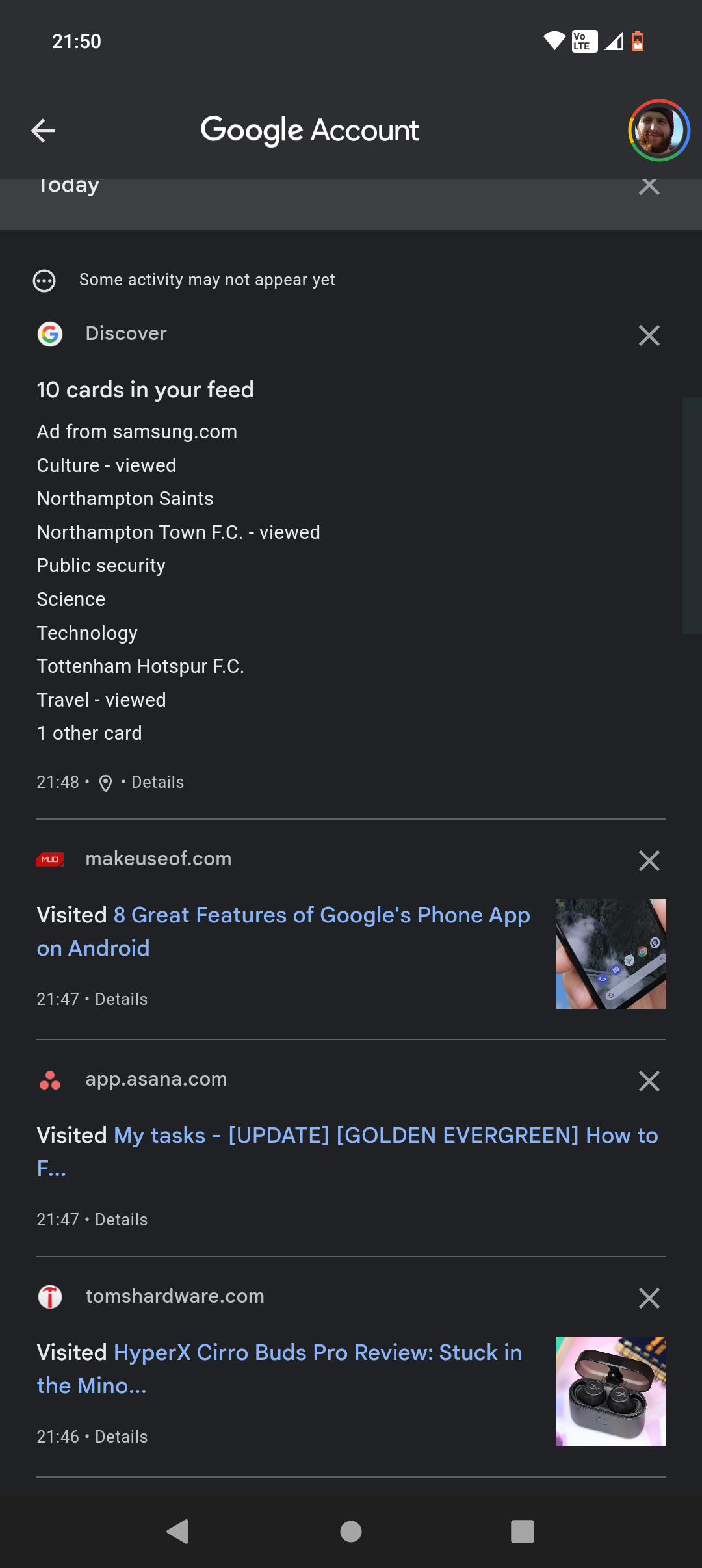 Карточки и настройки приложения Google на Android