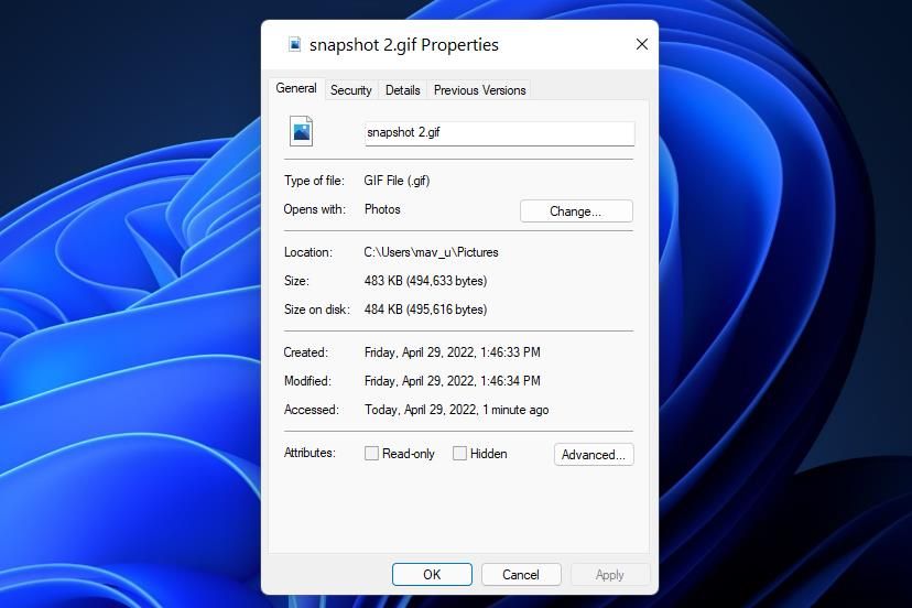 Вкладка Общие в окне Свойства файла