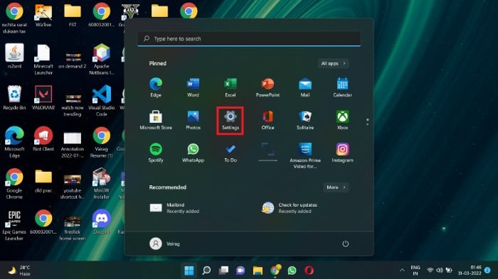 Меню «Параметры» в Windows