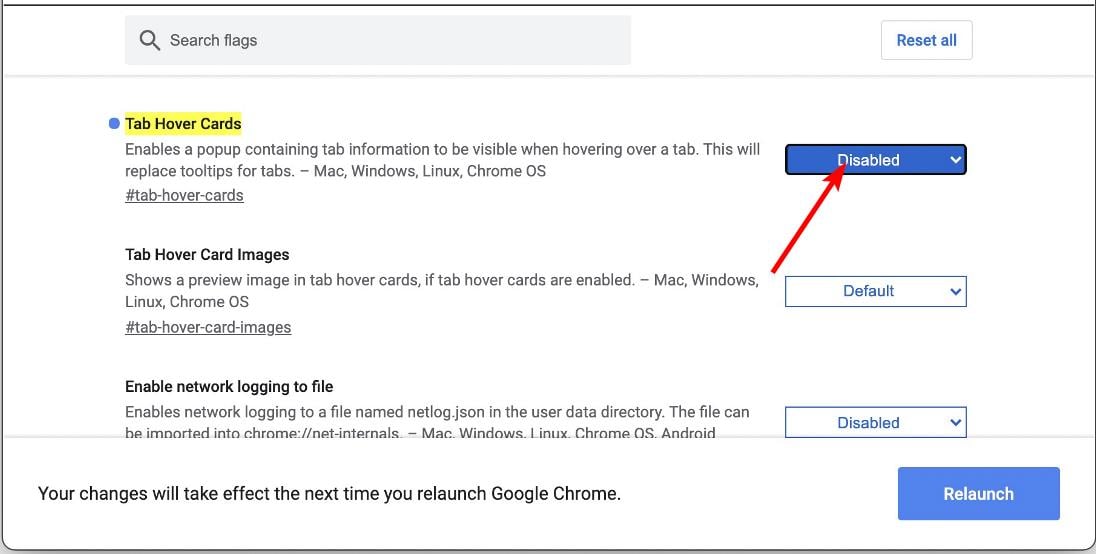 Параметр Tab Hover Cards в chrome://flags для включения превью вкладок