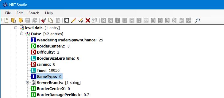 A screenshot of NBT Editor showing the GameType tag.