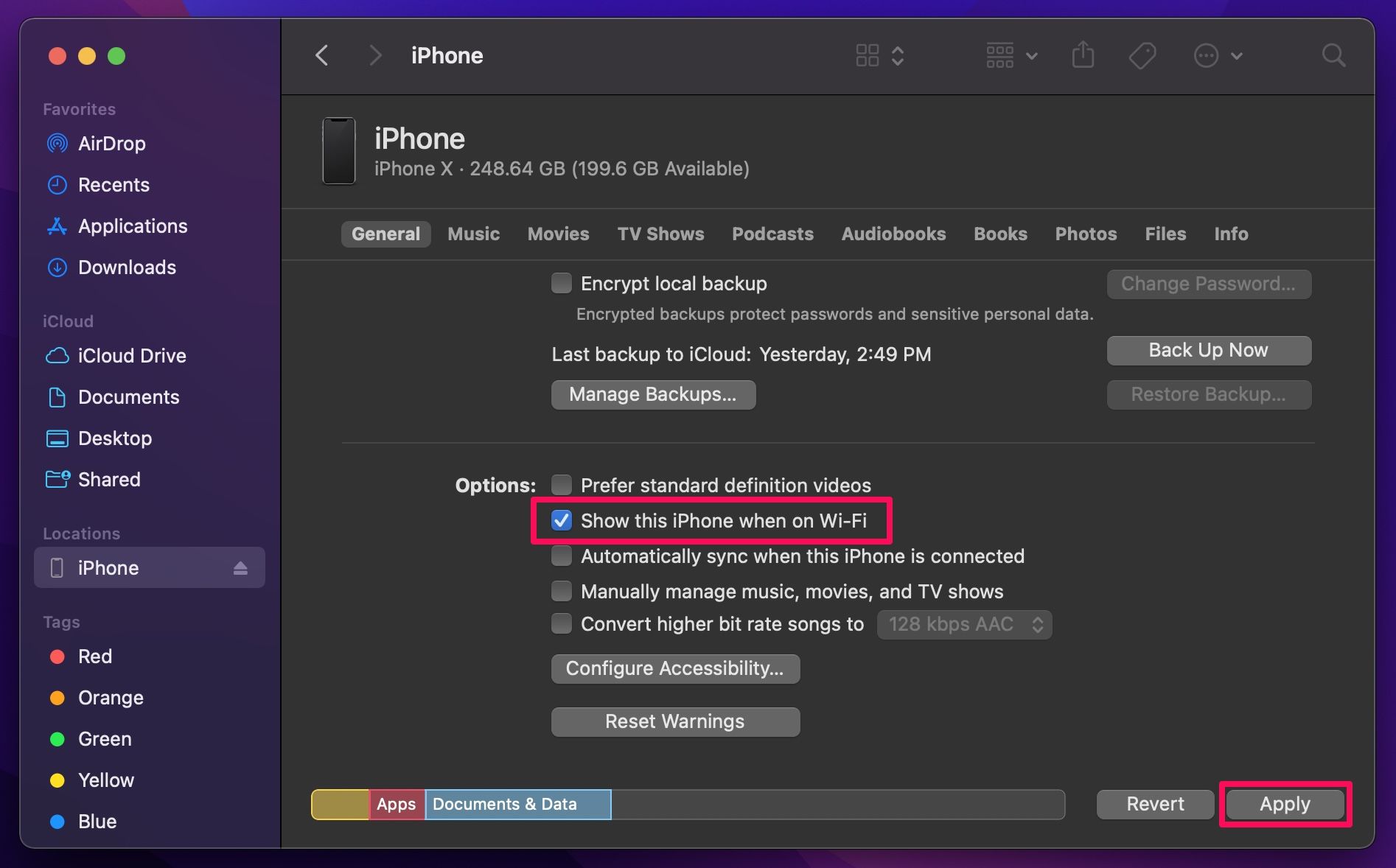 Синхронизация iPhone по Wi‑Fi в macOS