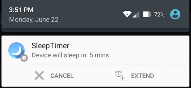 Панель уведомлений с действиями для управления таймером сна