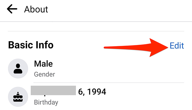 Кнопка «Редактировать» рядом с разделом «Основная информация» в приложении Facebook.