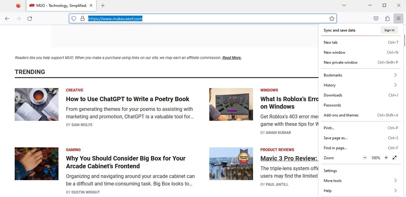 Пункт «Настройки» в Firefox