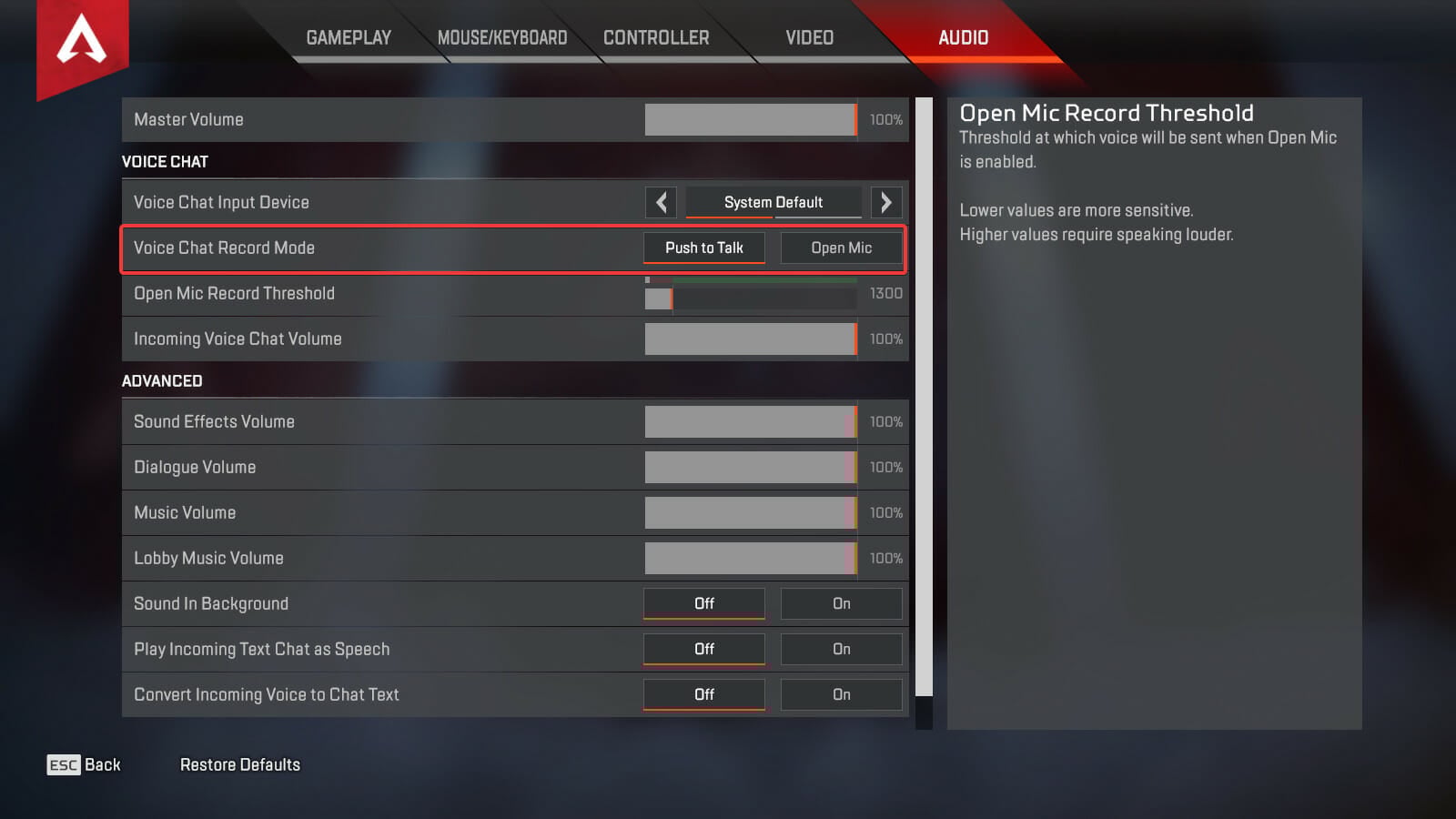 Выбор режима голосового чата — Push to Talk или Open Mic