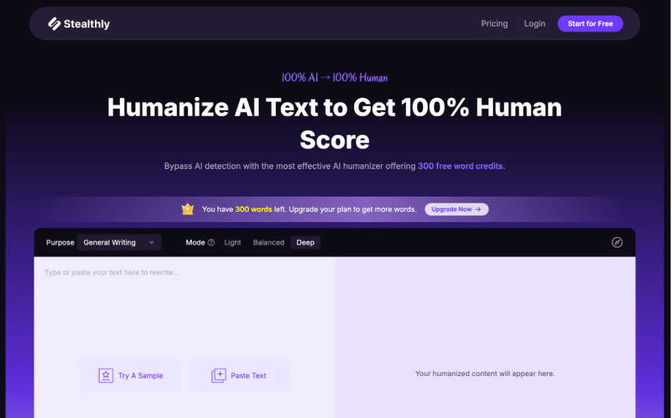 Скриншот Stealthly AI с тарифами и объёмами слов