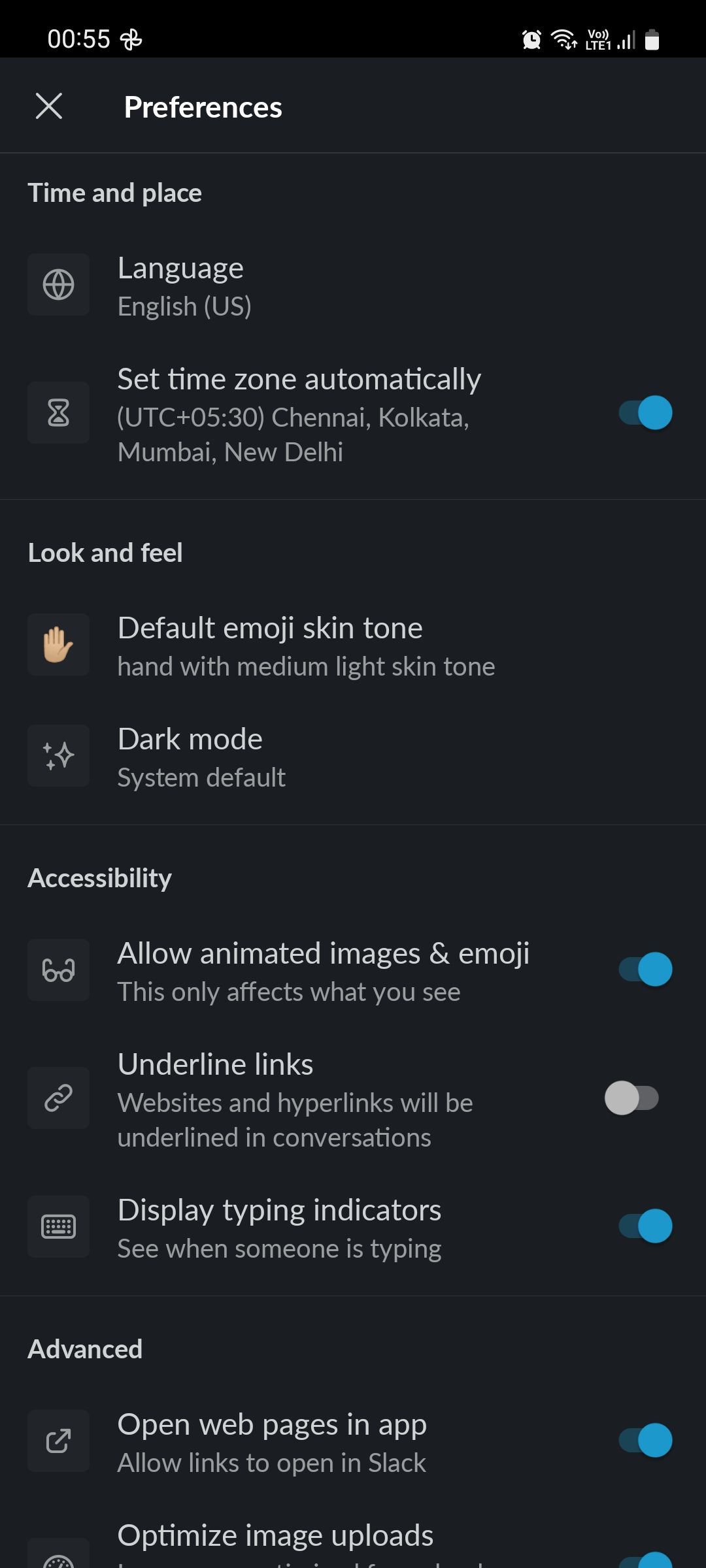 Меню «Настройки» в Slack на мобильном