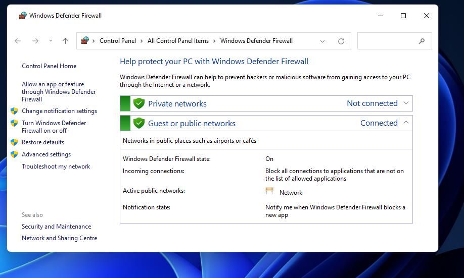 Апплет брандмауэра Windows Defender
