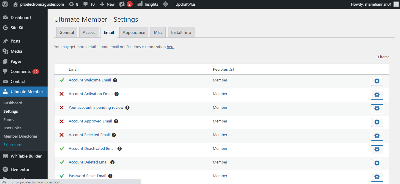 Вкладка Email в настройках Ultimate Member
