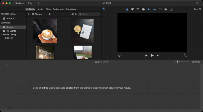 Экран проекта iMovie с библиотекой медиатеки