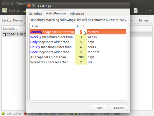 Вкладка автоматического удаления старых снимков