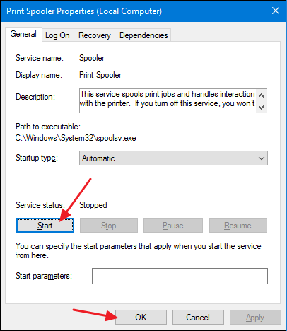 Свойства службы Print Spooler после перезапуска