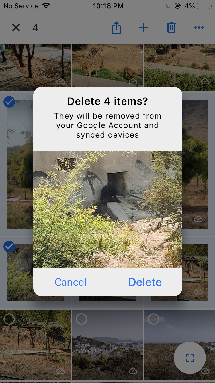 Подтверждение удаления в Google Photos на iOS