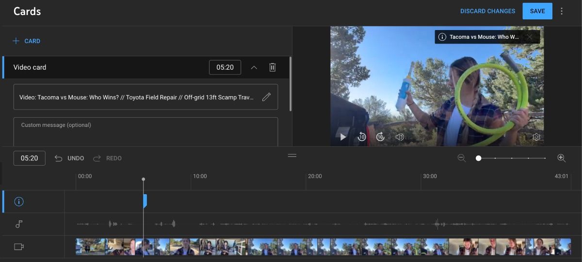 Добавление карточки в редакторе YouTube Studio