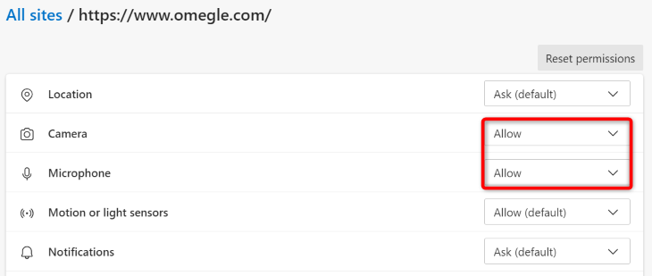 Разрешите Omegle использовать камеру и микрофон в Edge.