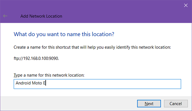 Окно задания имени сетевого расположения