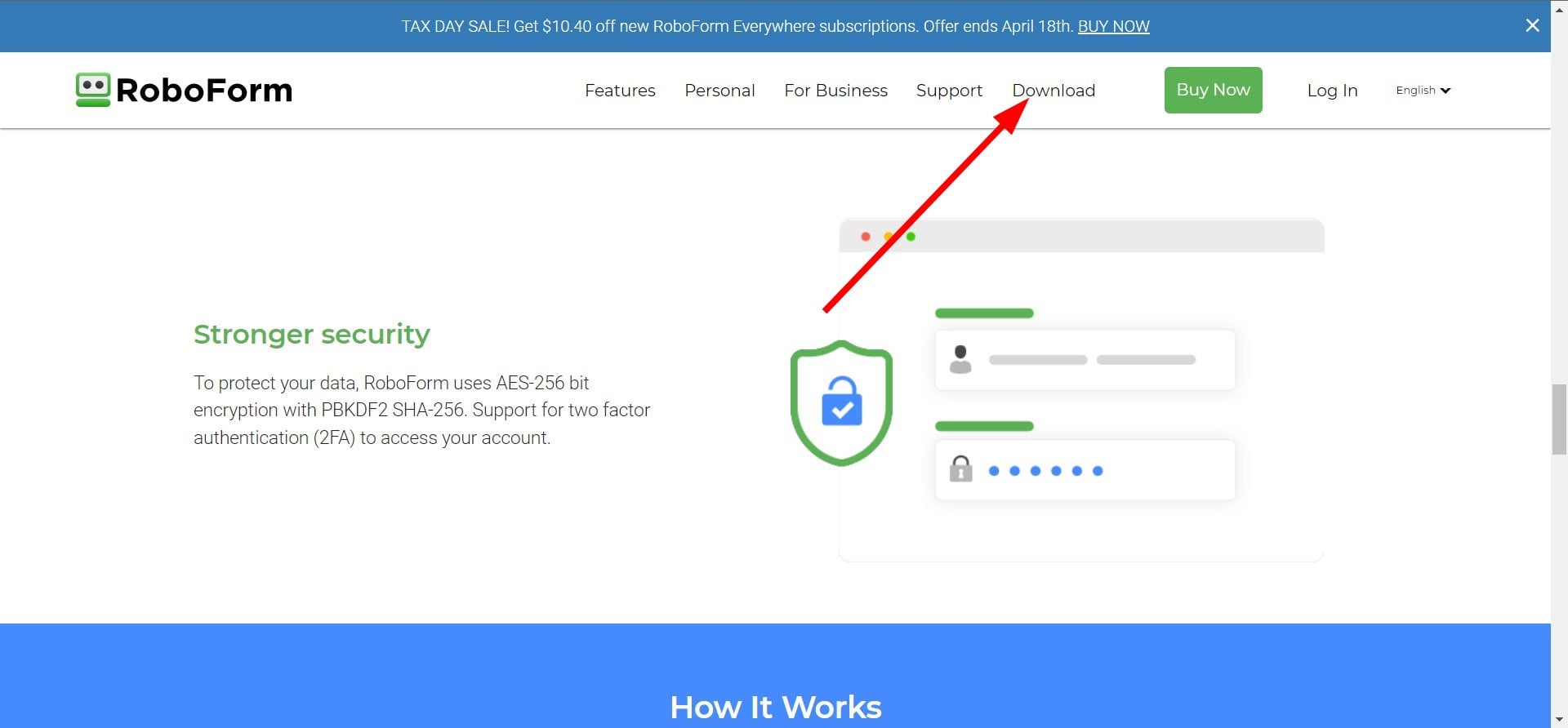 Страница загрузки RoboForm — кнопка Download вверху сайта