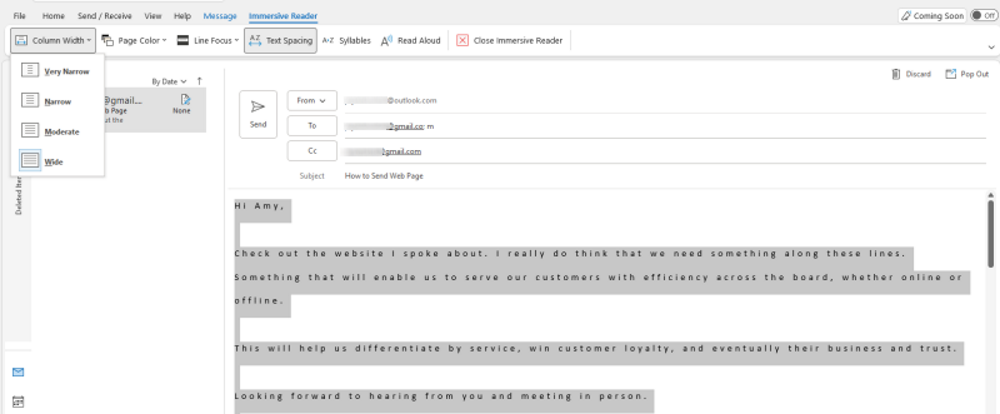 Outlook Read Aloud in Immersive Reader Column Width
