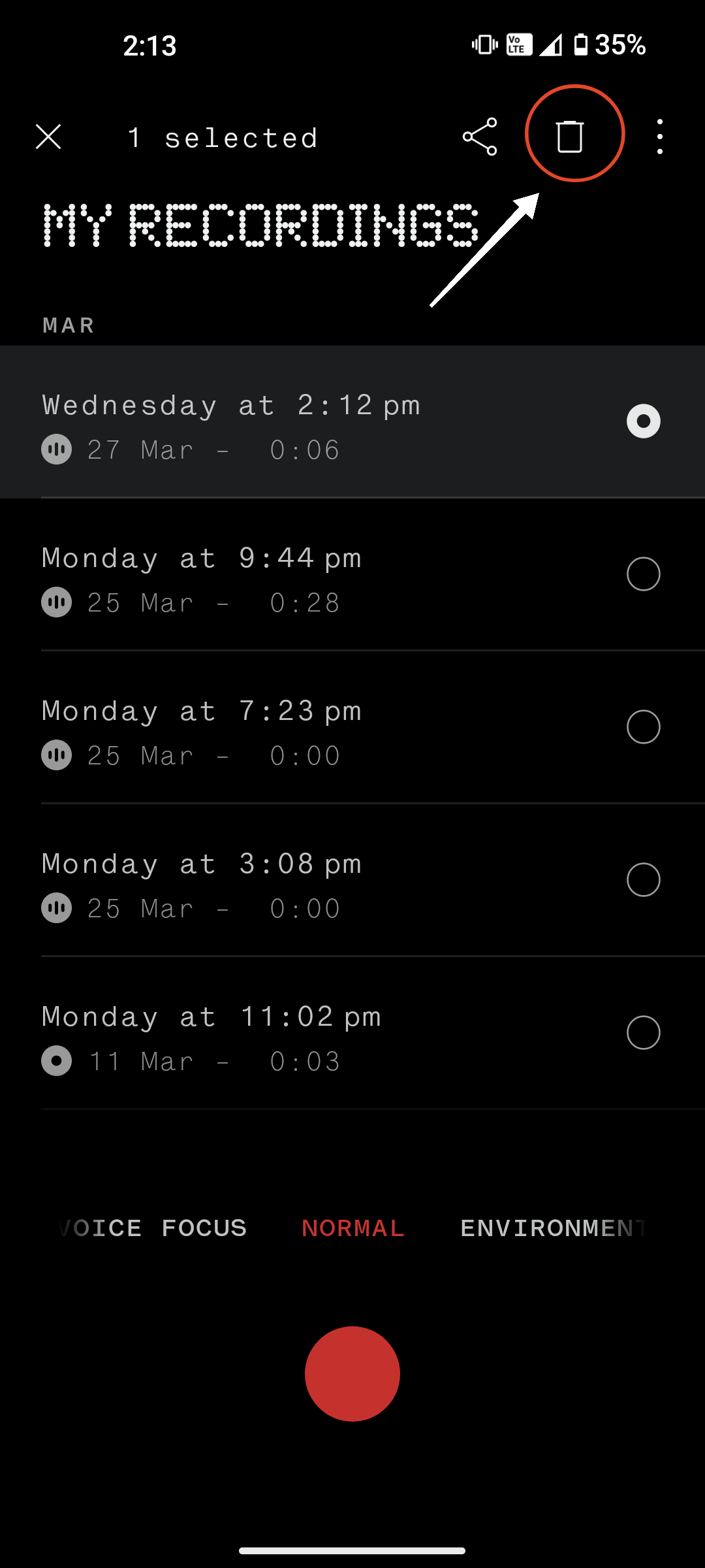 Значок корзины для удаления записей в Recorder