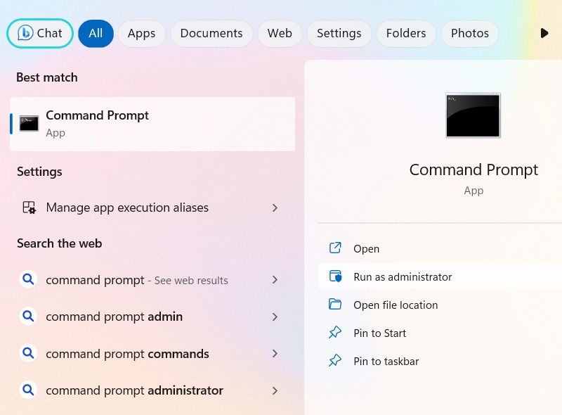 Открытие Командной строки через поиск Windows с опцией запуск от имени администратора