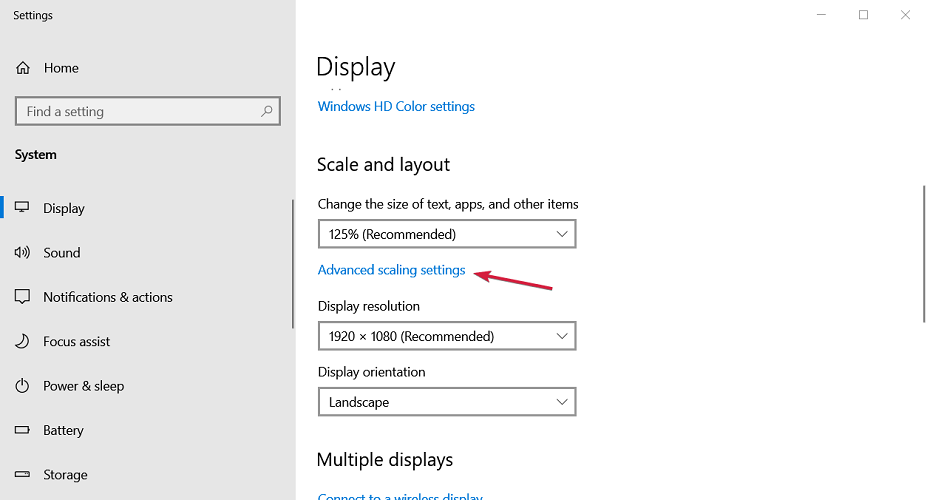 Раздел «Дополнительные параметры масштабирования» в настройках экрана