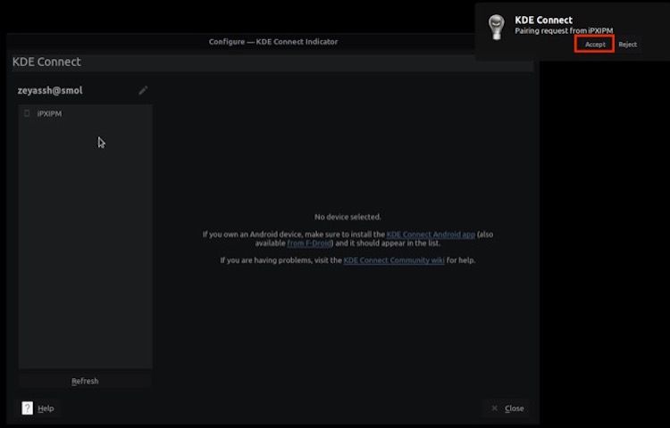 pairing approval request on KDE Connect client on Linux