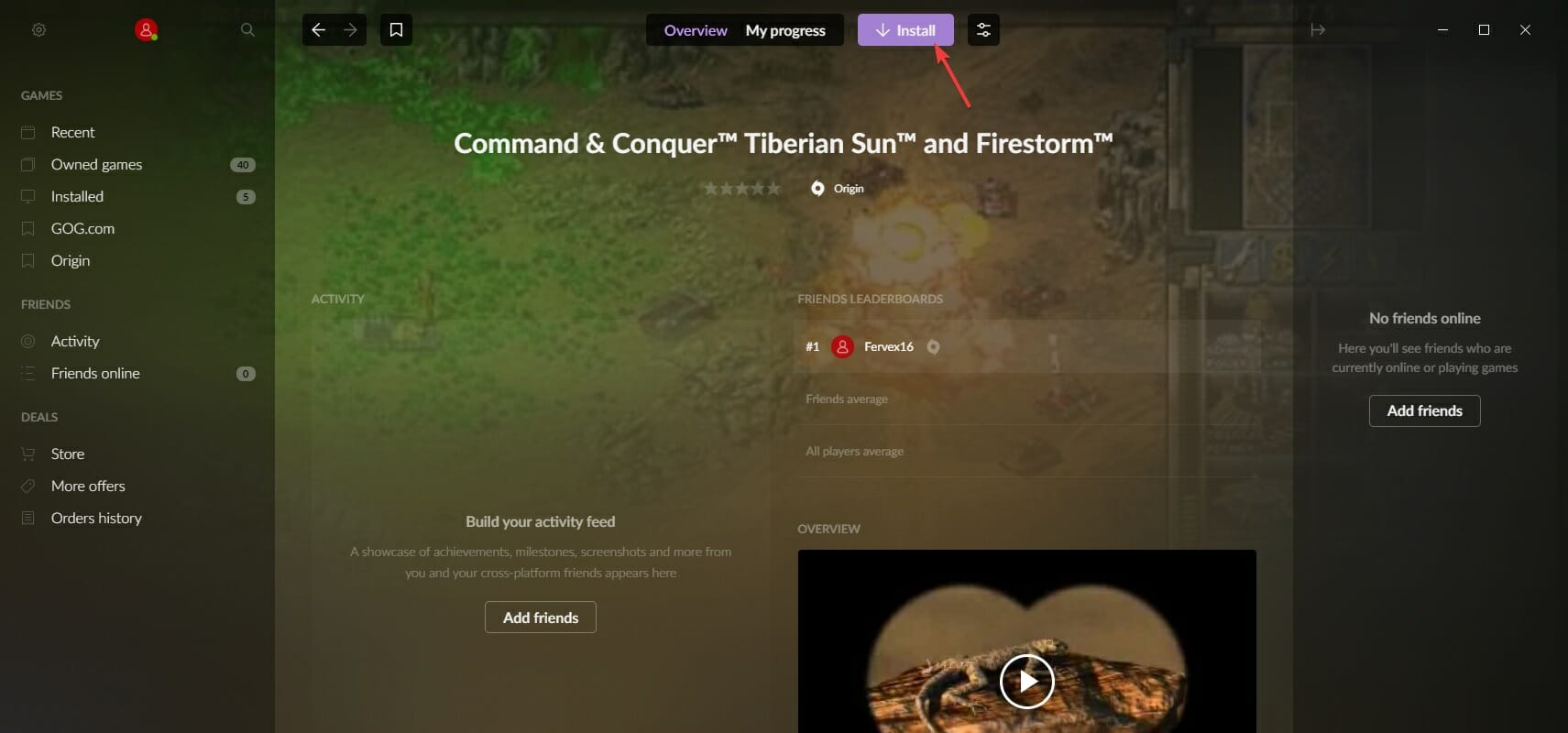 Кнопка установки игры, которая перенаправляет в Origin