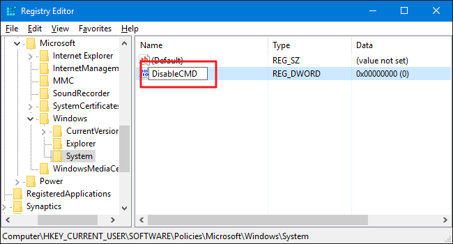 Создание DWORD DisableCMD в реестре