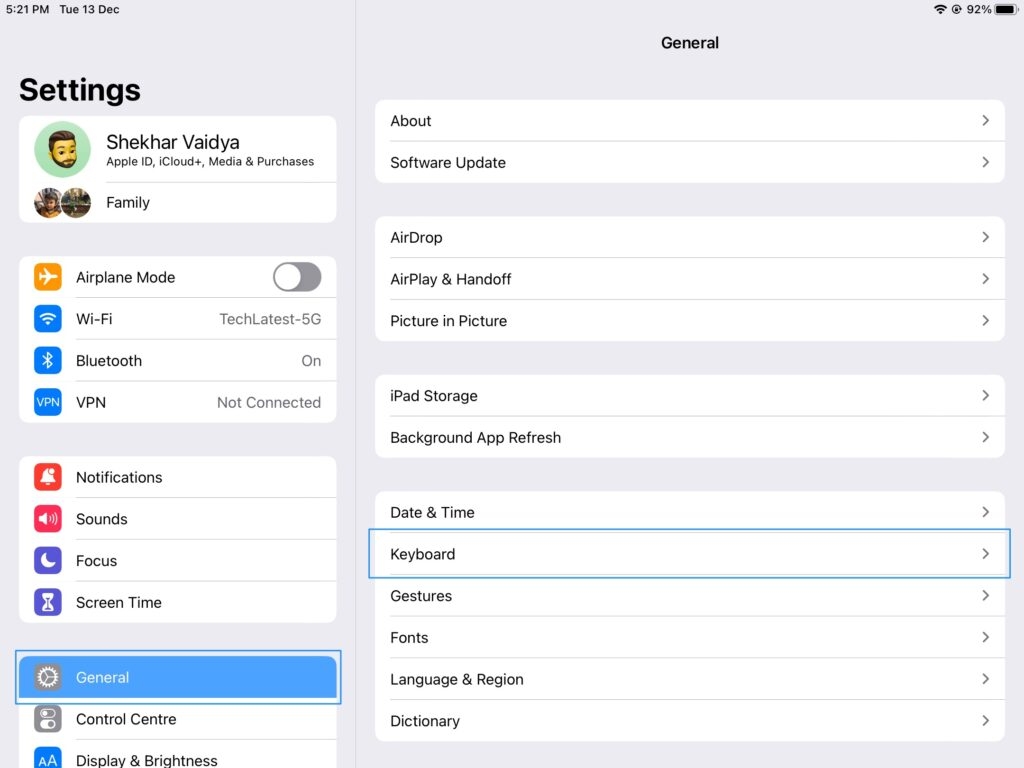 Экран «Основные» в настройках iPad