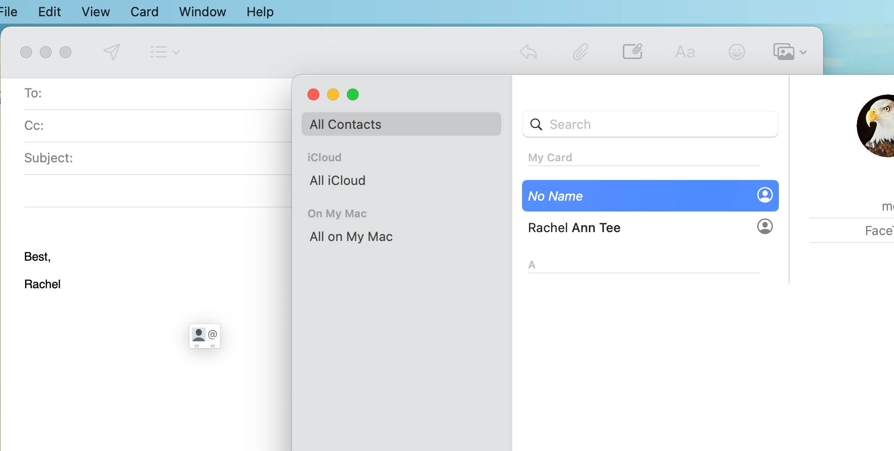 Добавление vCard в сообщение Mail на Mac
