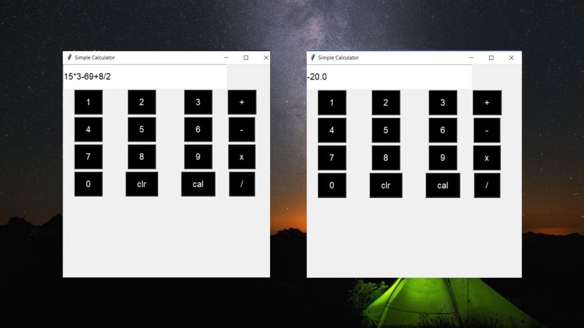 Калькулятор после вычисления, результат отображён в поле