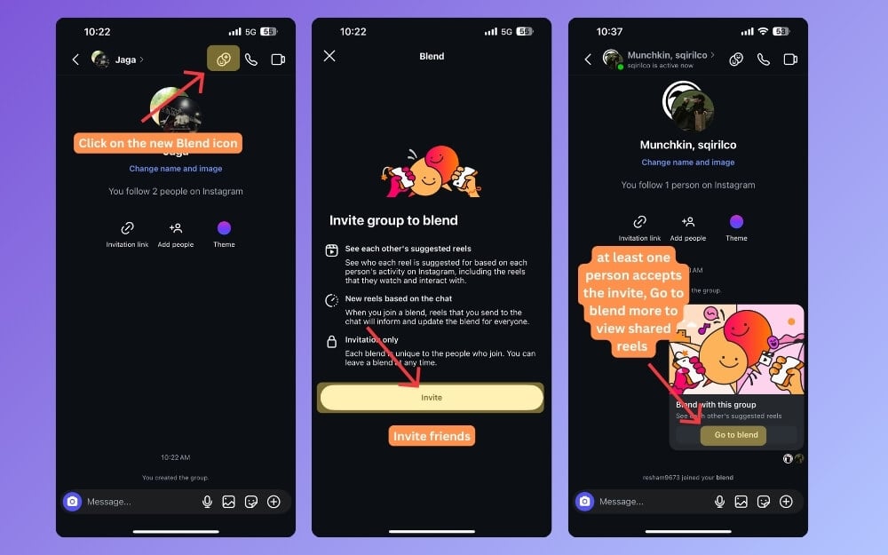 Пошаговый визуальный гид: кнопка Blend в чате Instagram